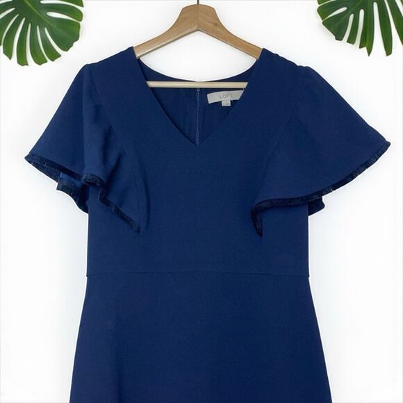 LOFT Fringe Trimmed Flutter Sleeve Dress in Navy - Picture 8 of 11